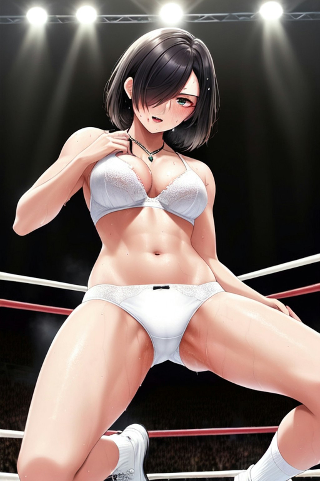 プロレスで汗だくの目隠れ女子