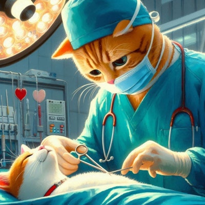 アクリル風 医師猫が猫のヌイグルミの手術