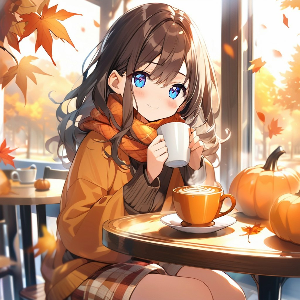 カフェで秋を感じる小さな女の子