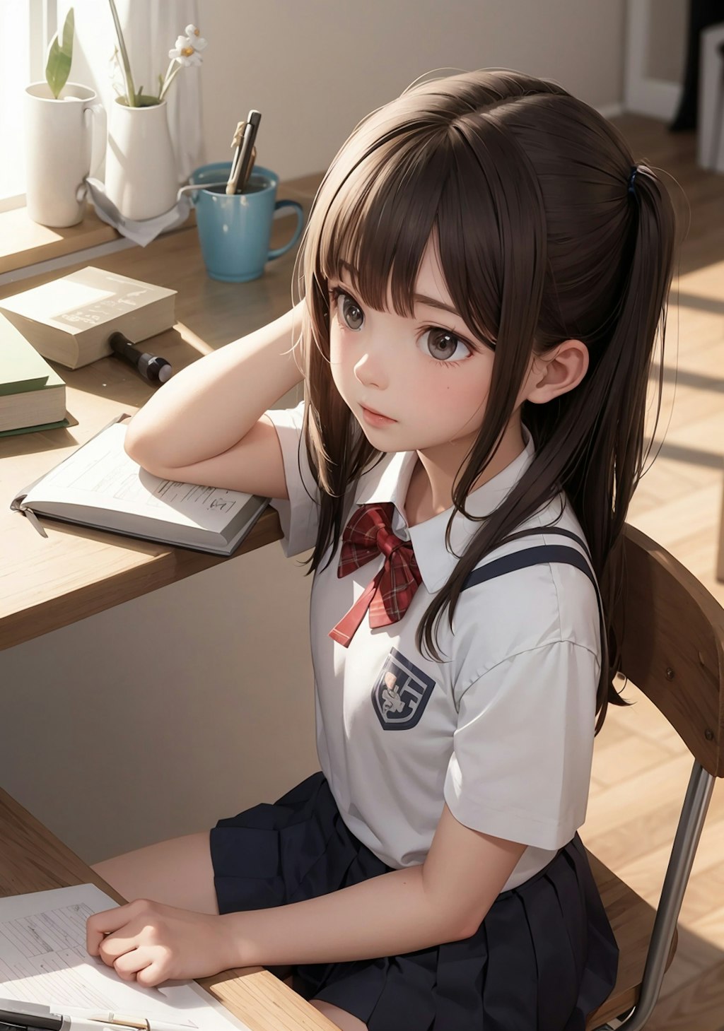 お勉強中の制服美少女