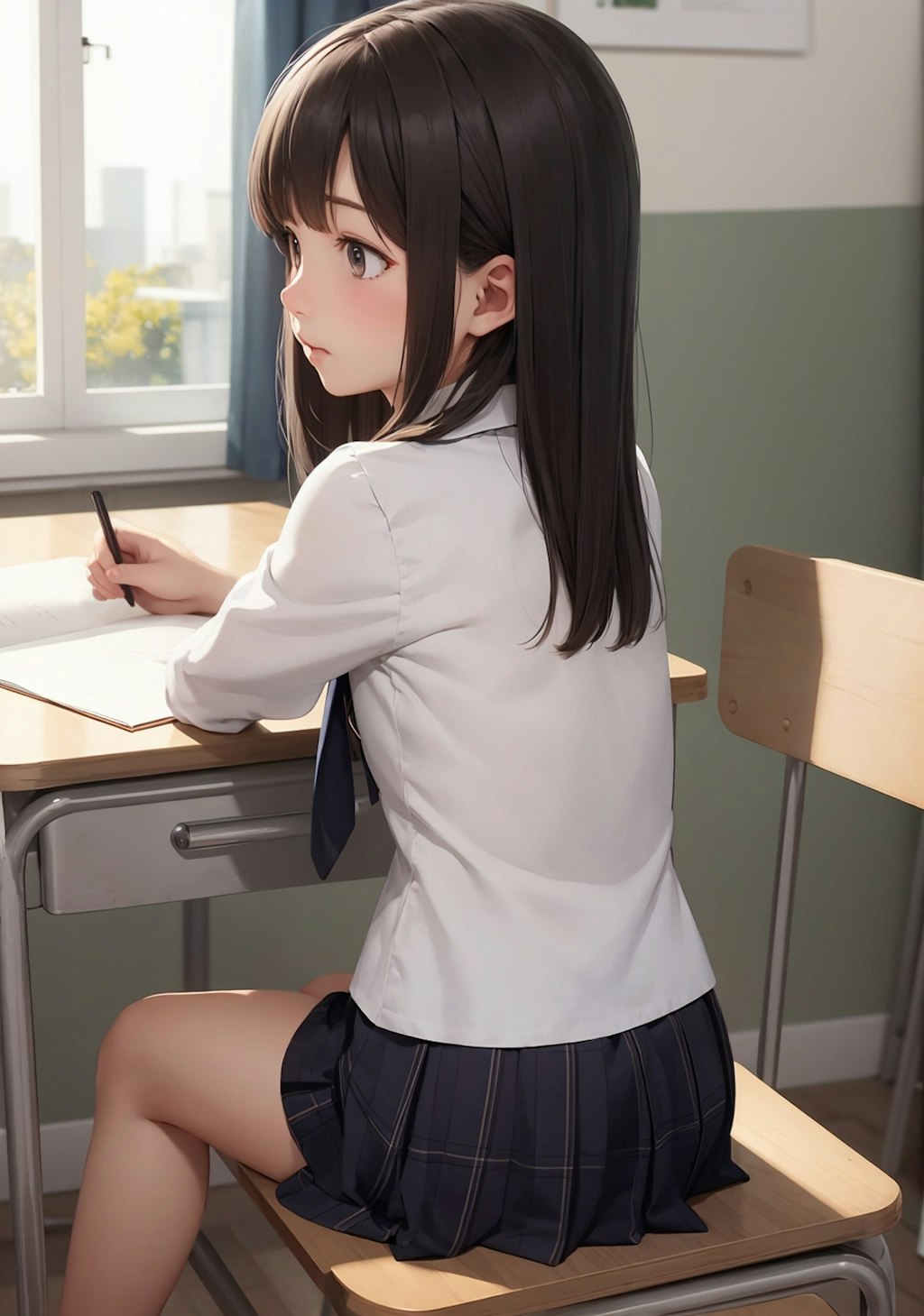 お勉強中の制服美少女