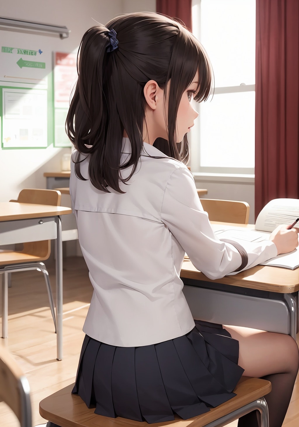 お勉強中の制服美少女