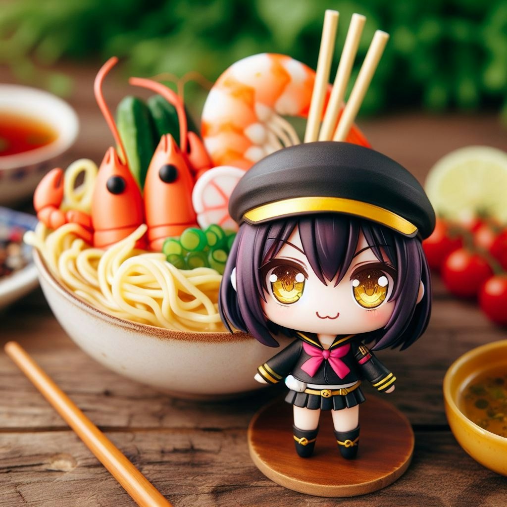 ちびキャラ用のseafood noodle