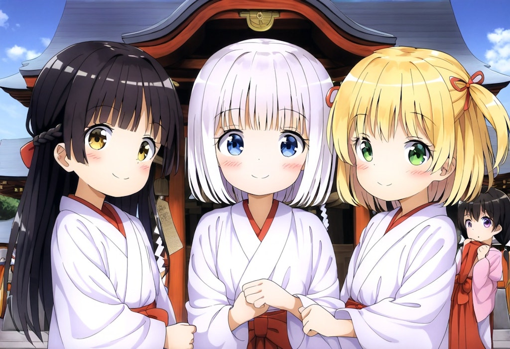 うちの子3人で巫女服でお出迎え