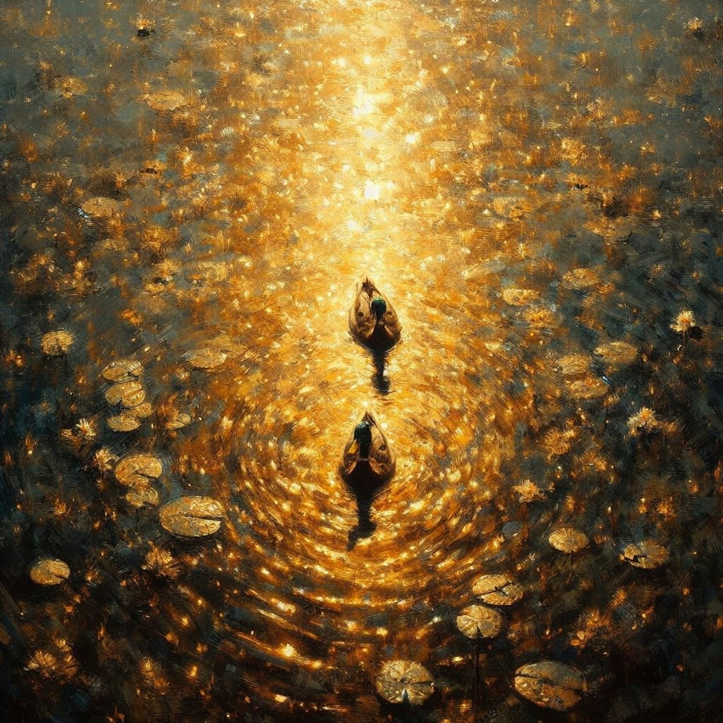 Ducks in golden water