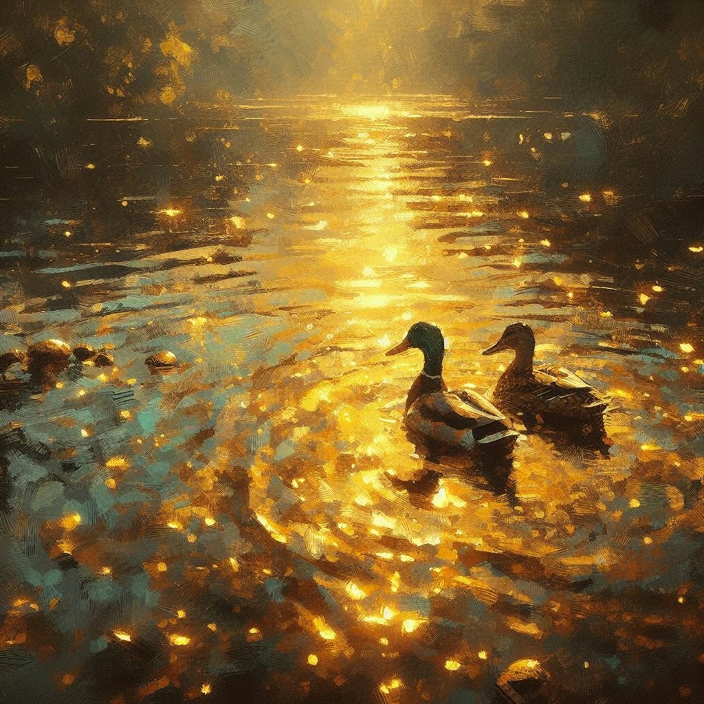 Ducks in golden water