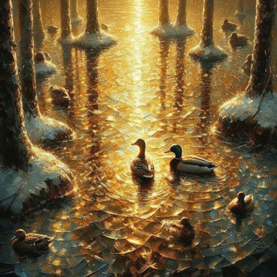 Ducks in golden water
