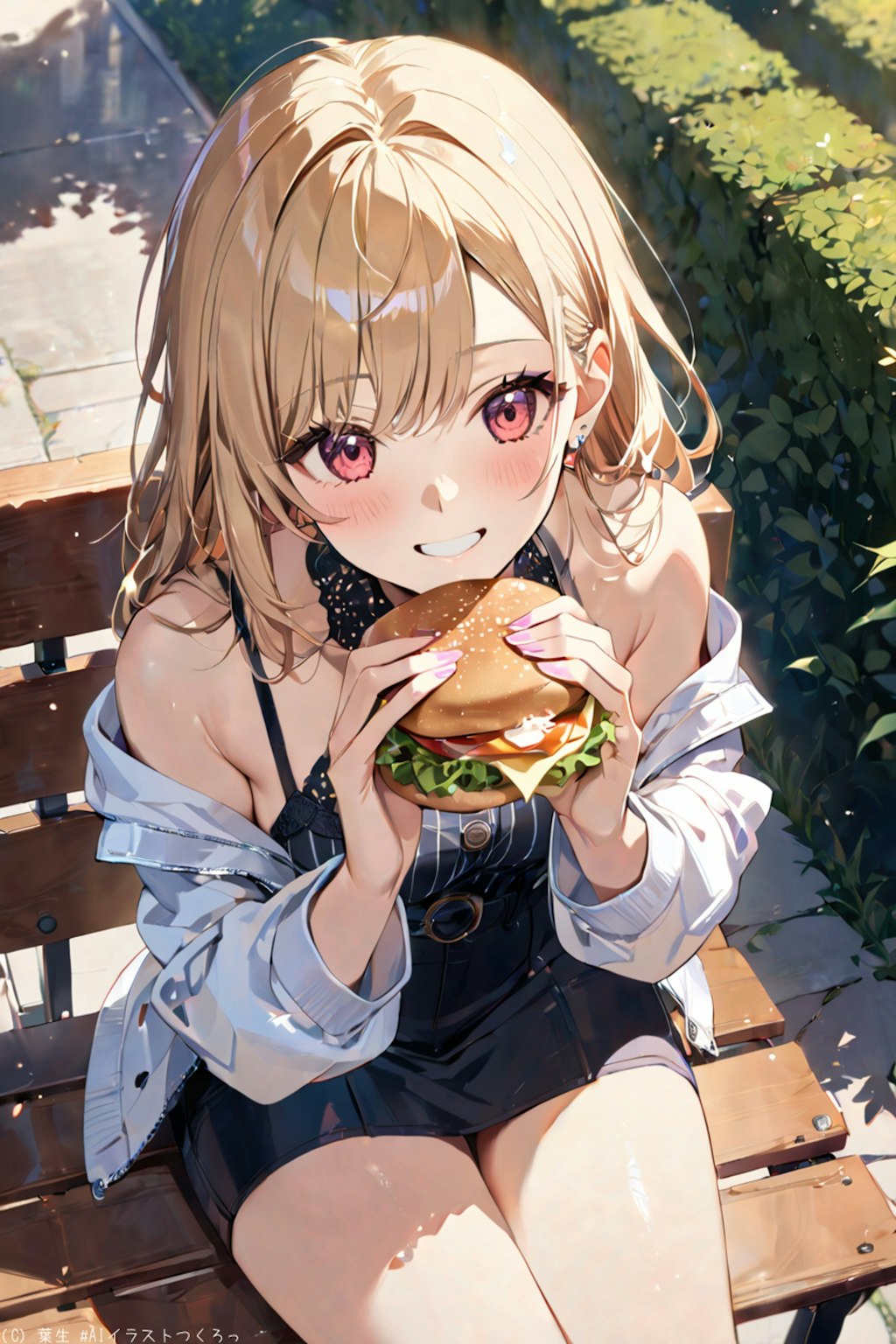 ベンチでハンバーガー