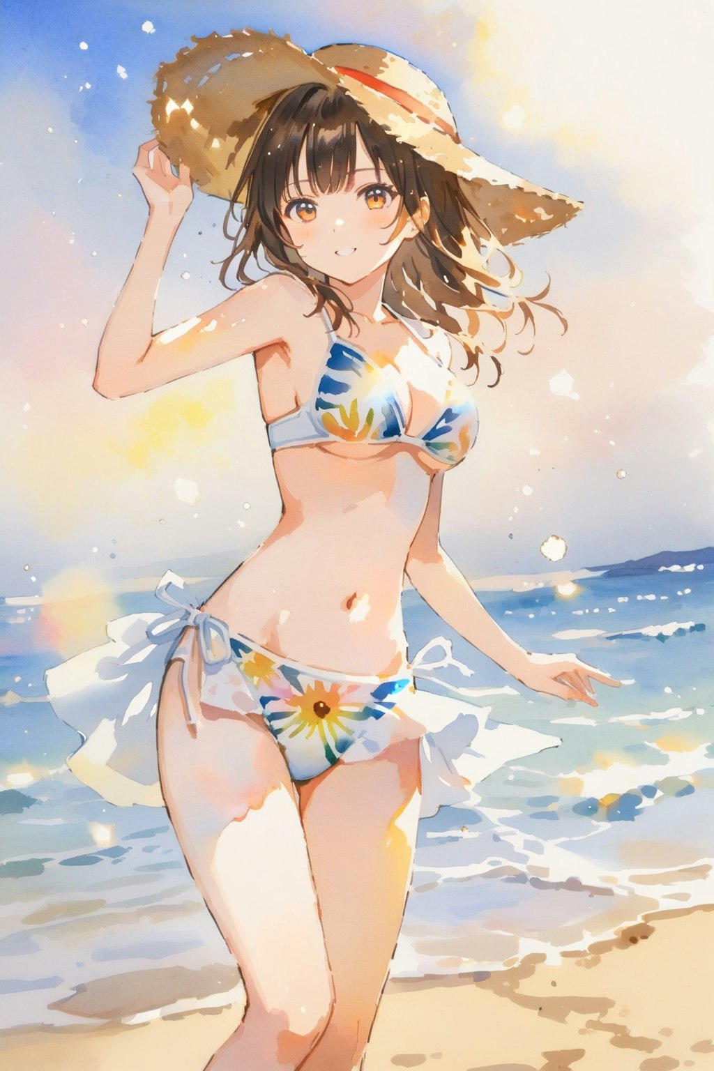 水彩画風の水着の女の子