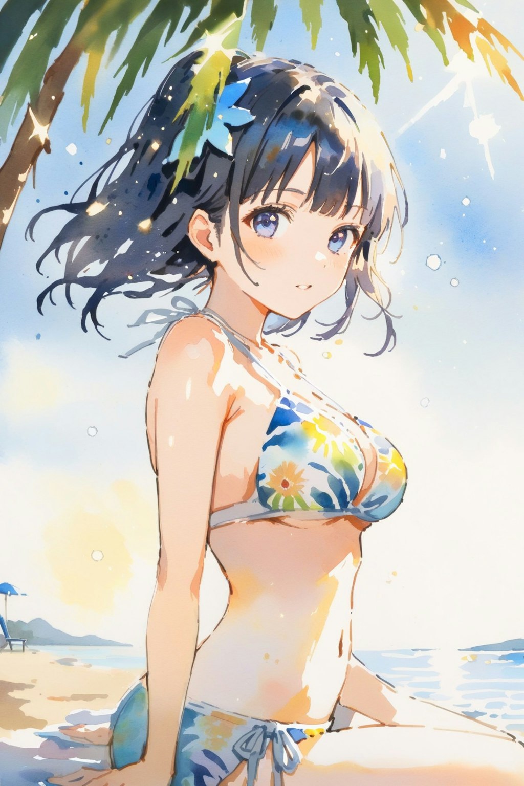 水彩画風の水着の女の子