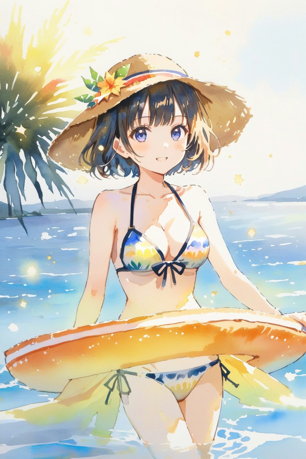 水彩画風の水着の女の子