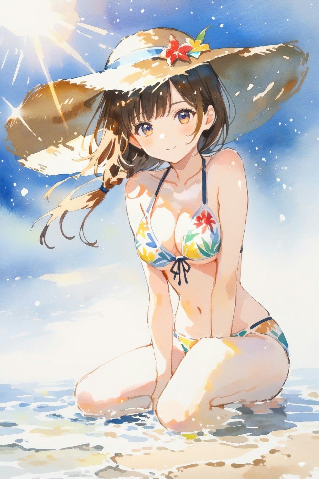 水彩画風の水着の女の子