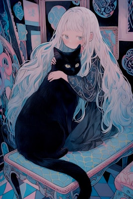 大きな黒猫と少女