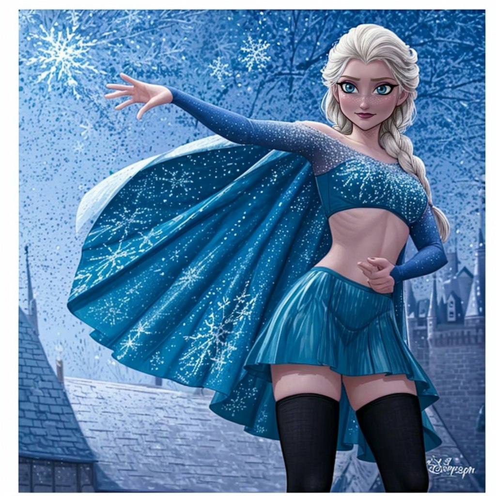 エルサが夜空の下で輝くセクシーなビキニ姿！雪と氷の城と共に魅了する