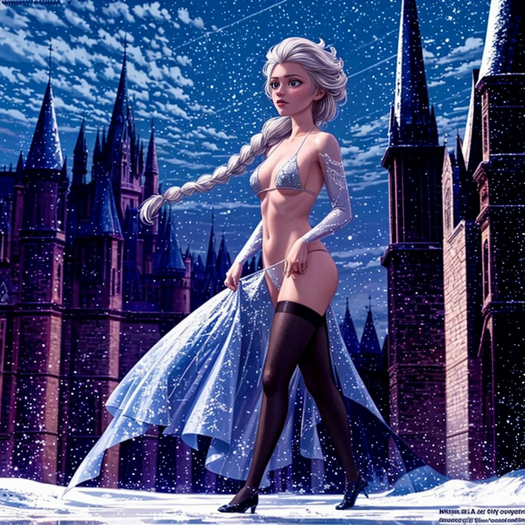 エルサが夜空の下で輝くセクシーなビキニ姿！雪と氷の城と共に魅了する