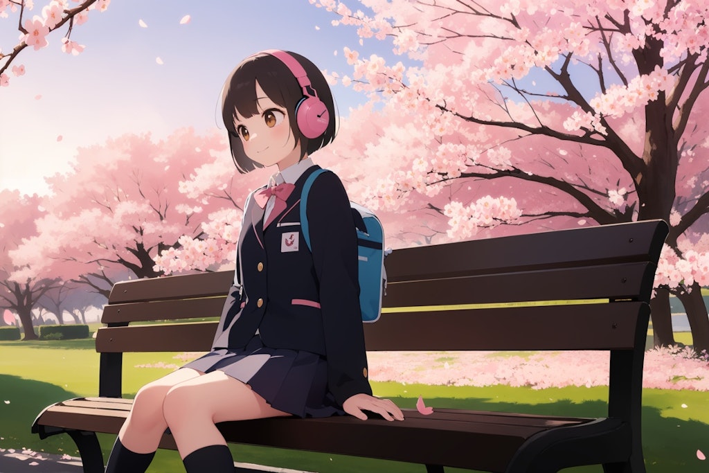 桜とヘッドフォン少女