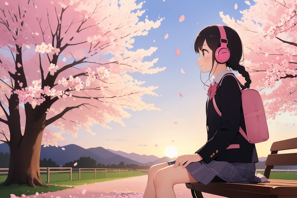 桜とヘッドフォン少女