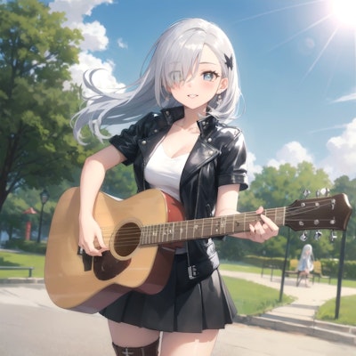 公園でアコースティックギターを演奏する目隠れの女の子
