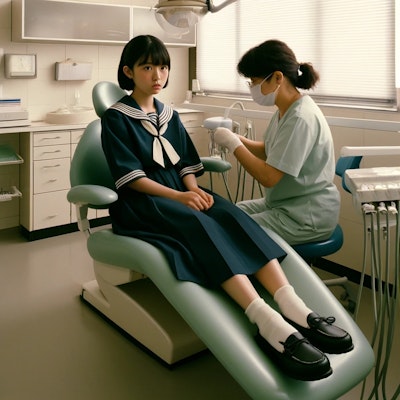 デンタルユニットで不安そうに待つセーラ服姿の女子高生と治療の準備をする歯科助手