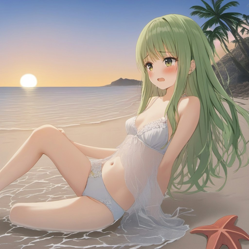 夕焼けビーチで清楚なランジェリー姿のお姉さん画像です^q^ お綺麗なのらー^q^