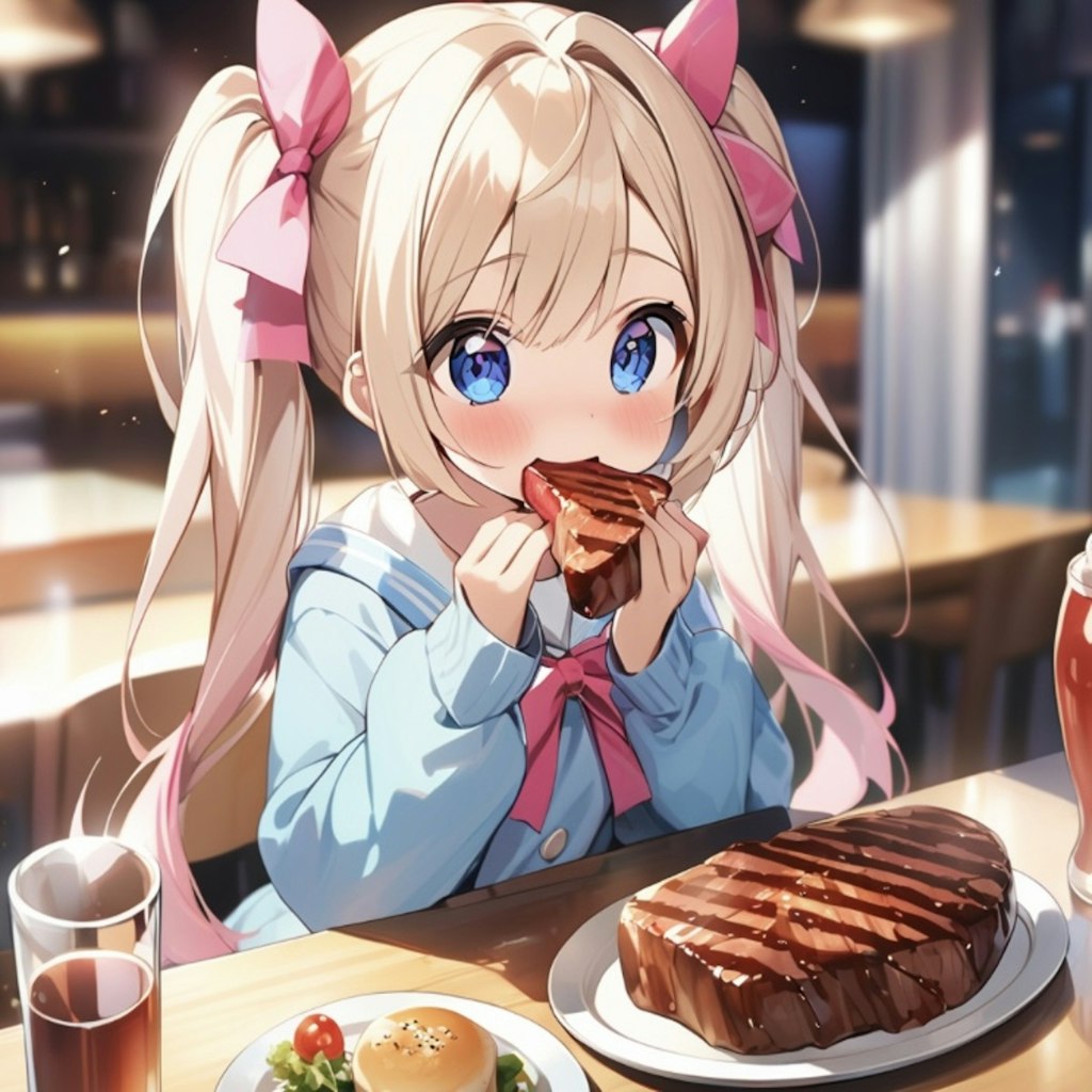 ステーキを食べる少女☆