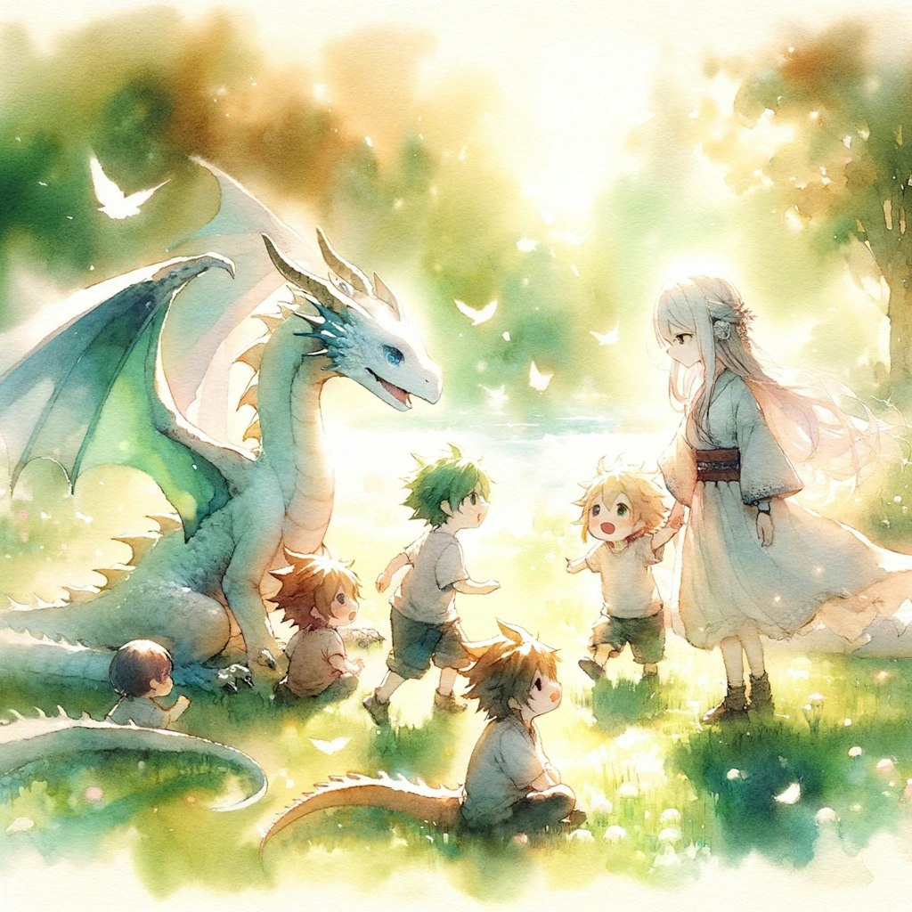 ドラゴンと遊ぶ子供たち