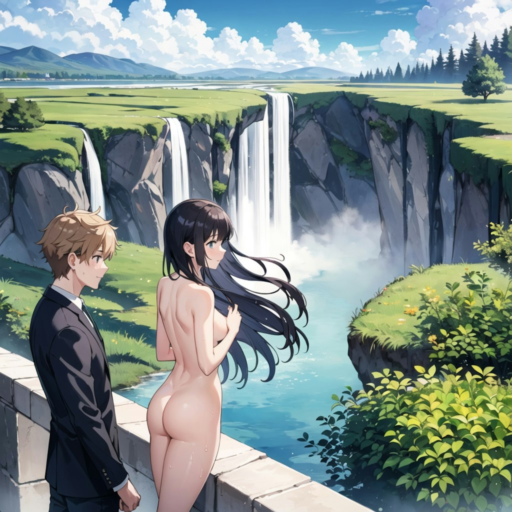 滝の前にいるイケメンと全裸美少女