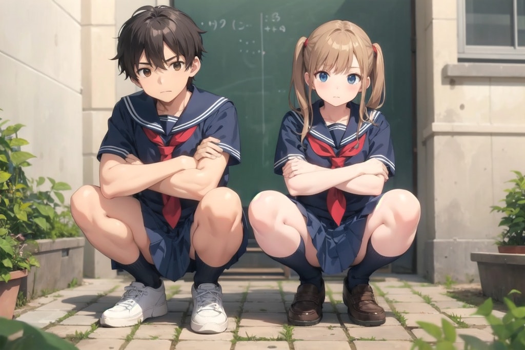 Squatting Boy and Girl