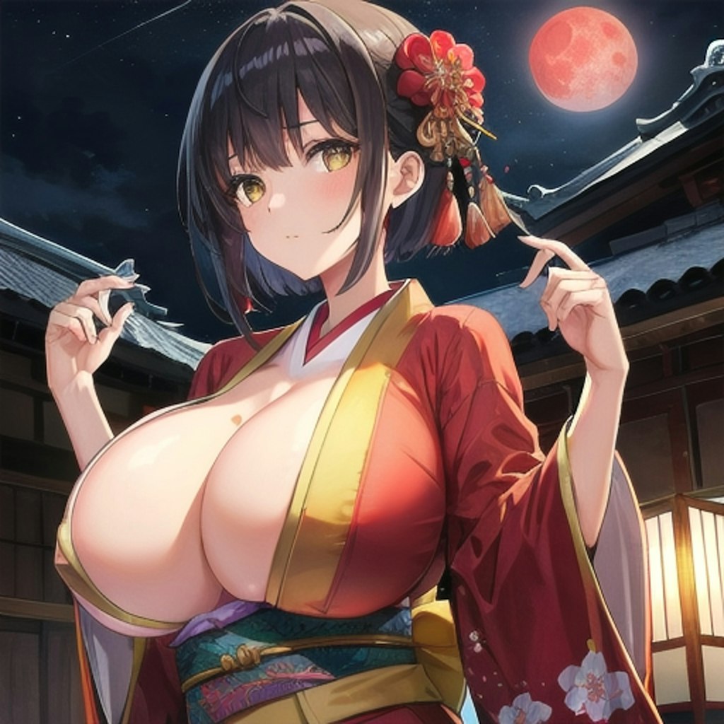 黒髪爆乳着物少女