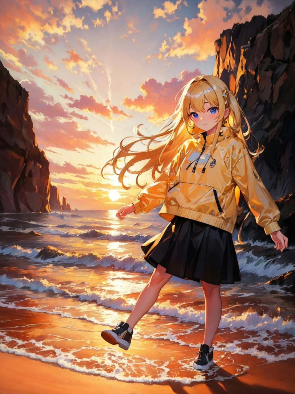 海と夕日と金髪ちゃん