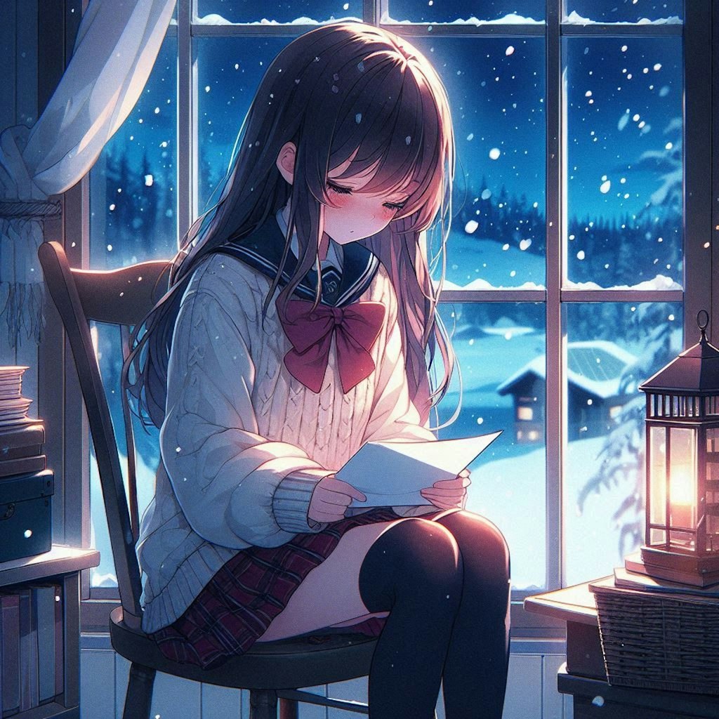 【習作】雪降る窓辺にて手紙を読む少女