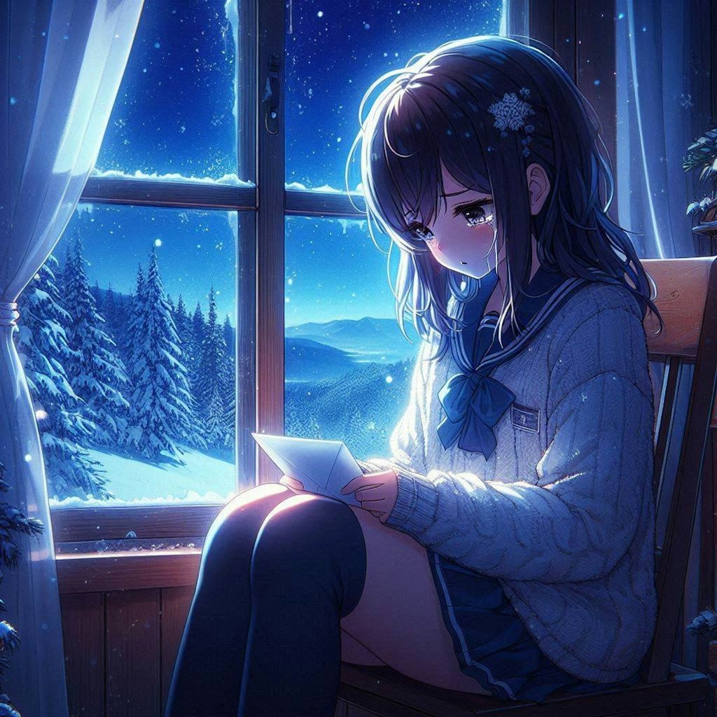 【習作】雪降る窓辺にて手紙を読む少女