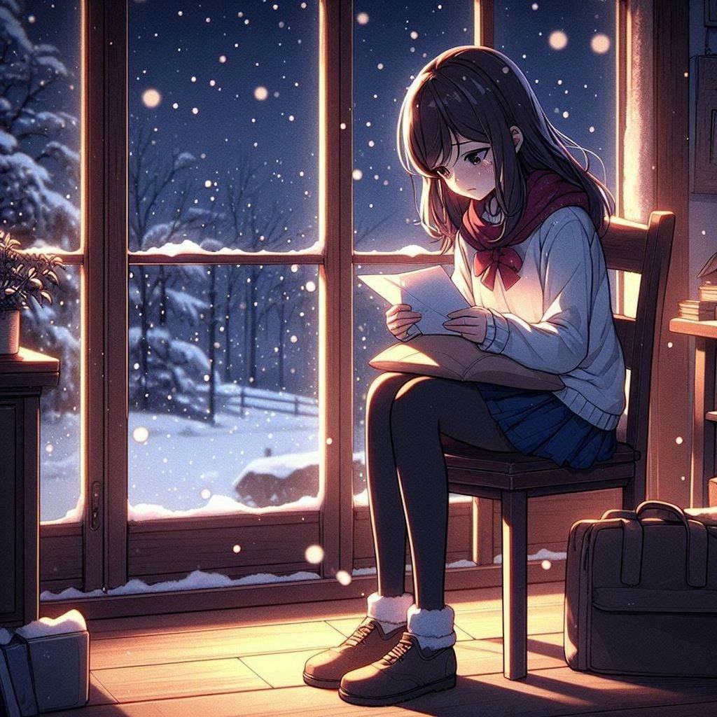 【習作】雪降る窓辺にて手紙を読む少女