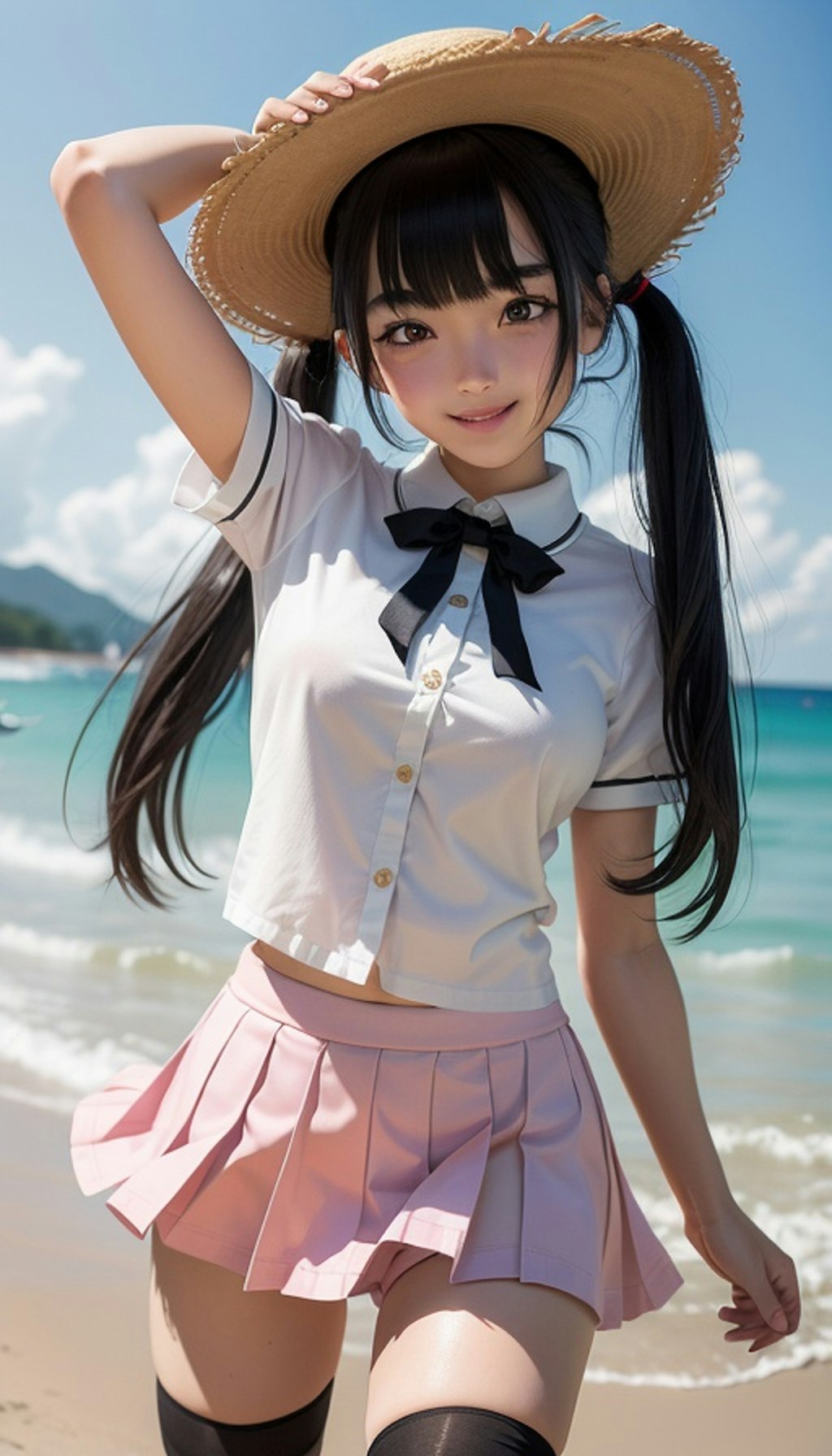 海辺での麦わら帽子女の子