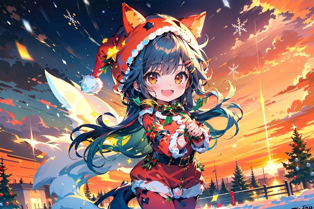 クリスマスの夕暮れとケモミミサンタ少女