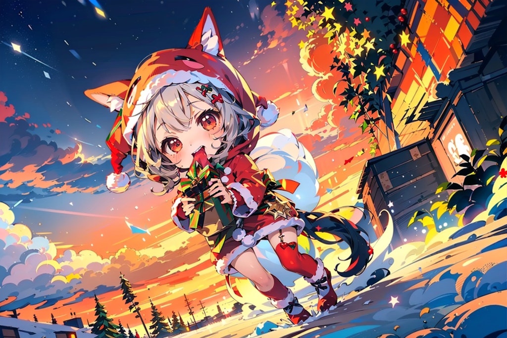 クリスマスの夕暮れとケモミミサンタ少女