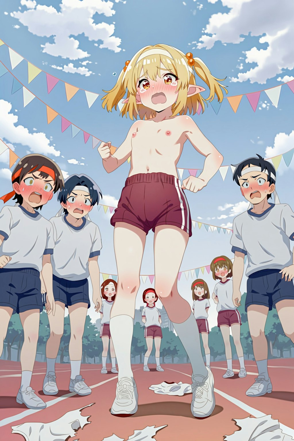 男子の前で体操着のシャツが吹き飛ぶエルフさん