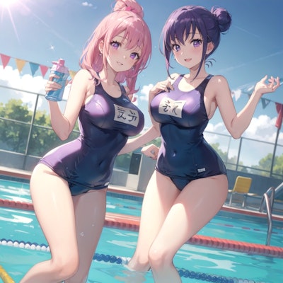 スク水で、学校のプールを楽しむ2人の女の子