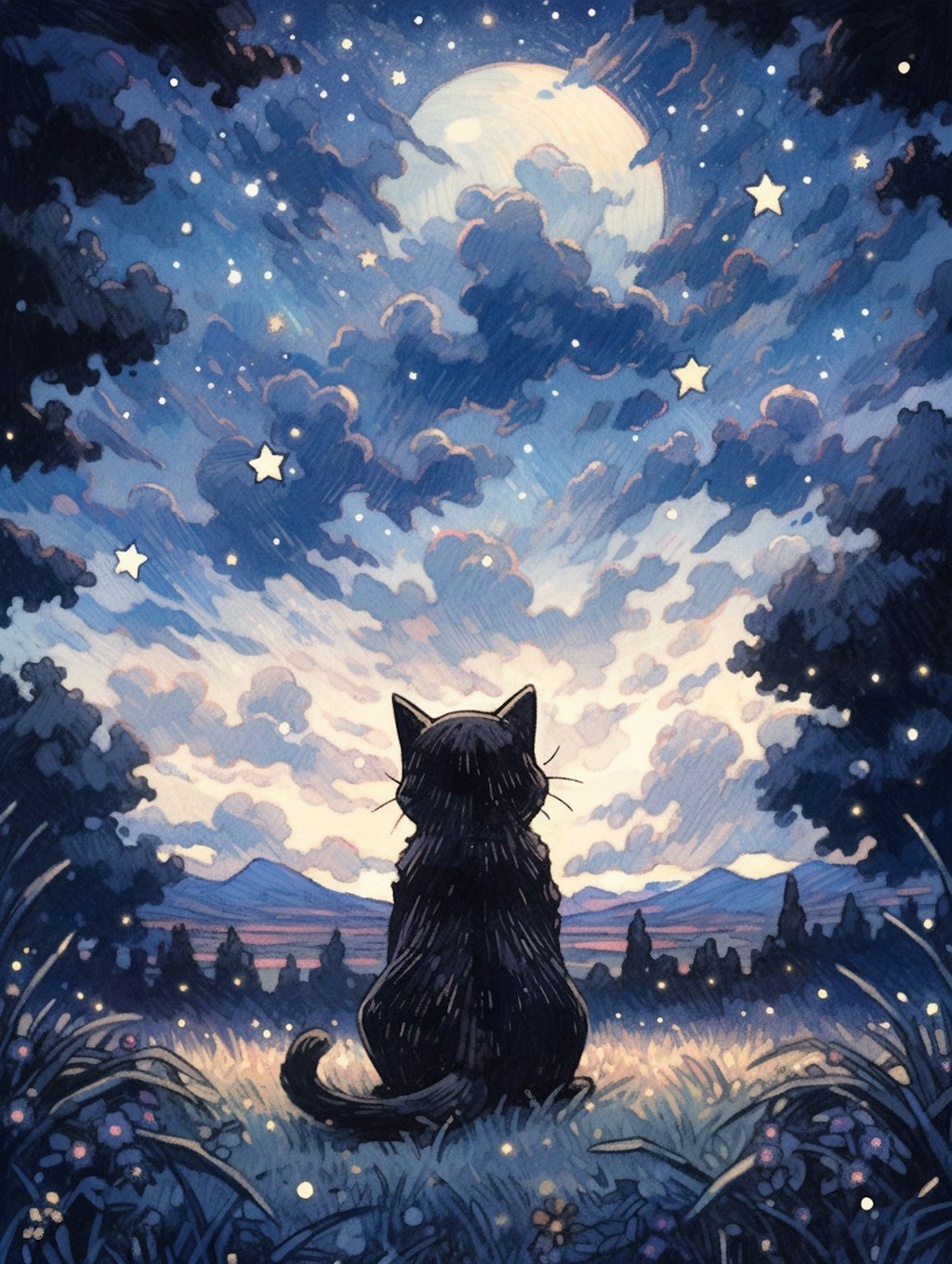 星空を眺める黒猫