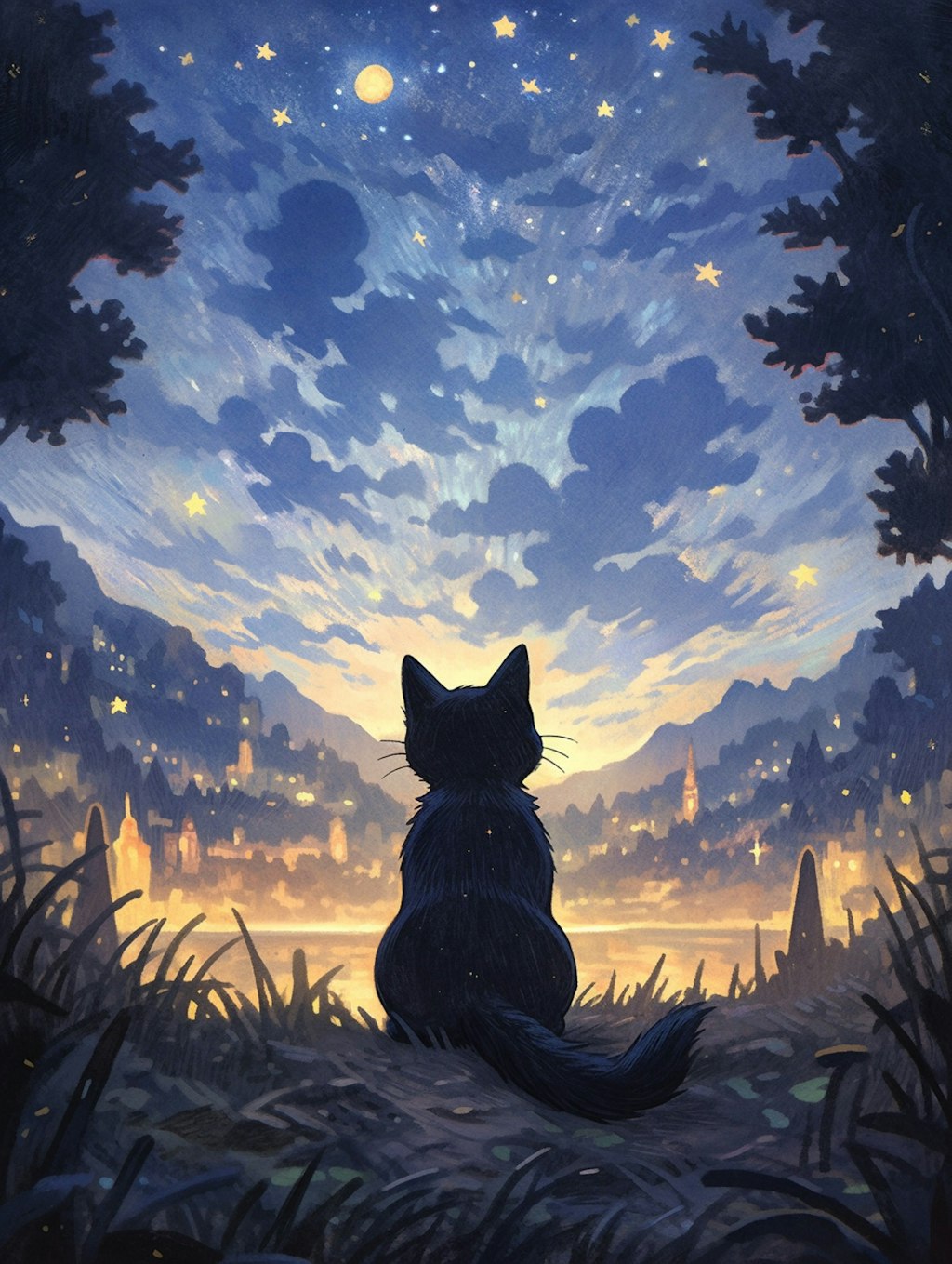 星空を眺める黒猫