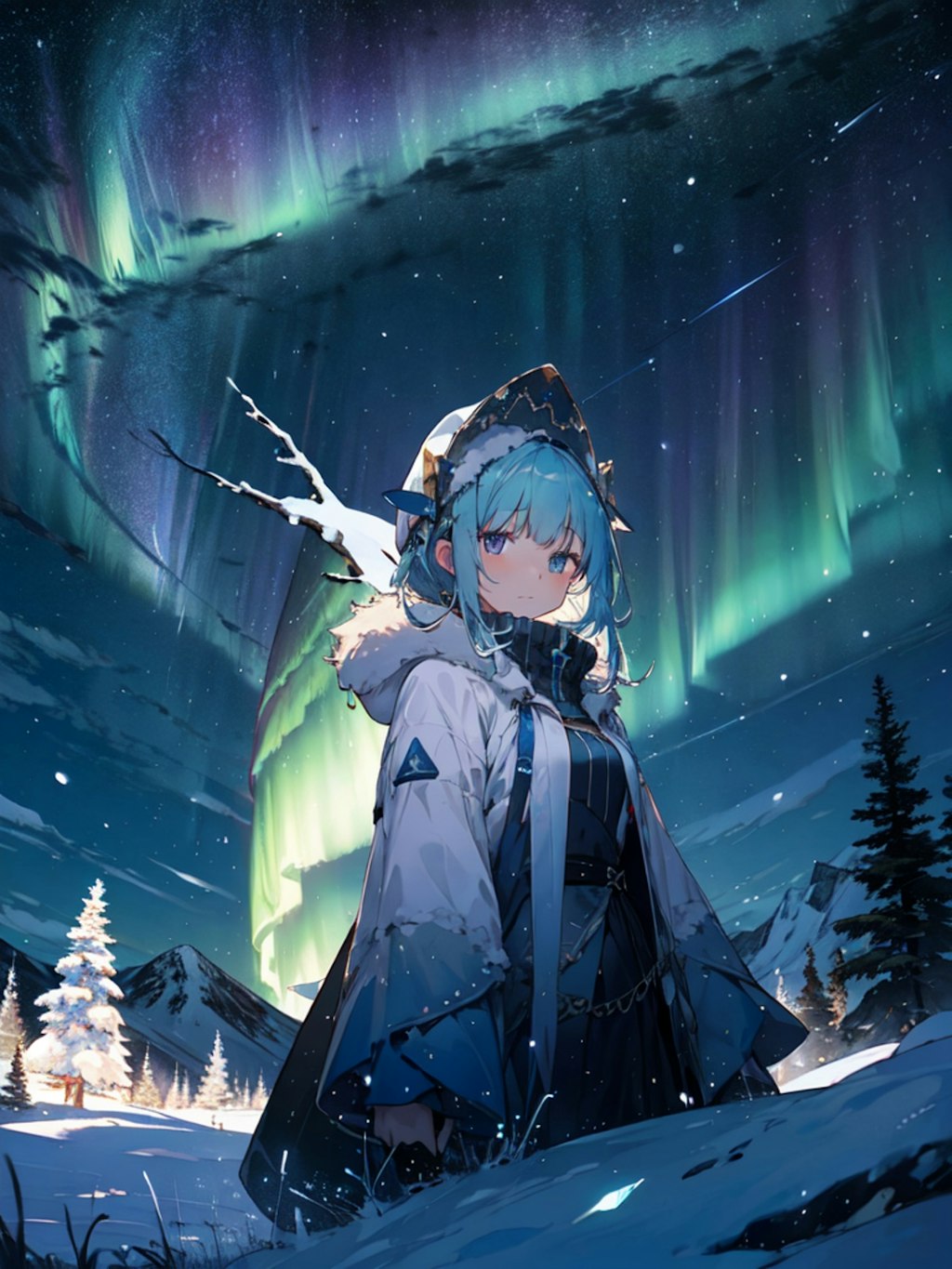 aurora borealis, 1girl alone