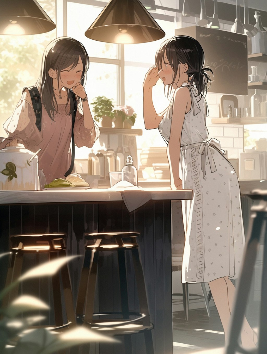 ユーモアイラスト切り貼り絵「カフェデート」額付