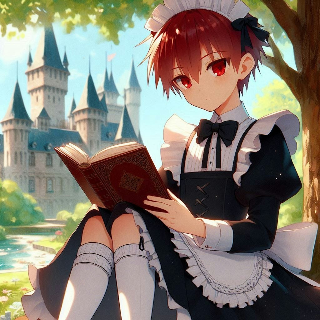 庭で本を読む赤髪メイド少年