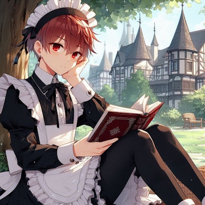 庭で本を読む赤髪メイド少年