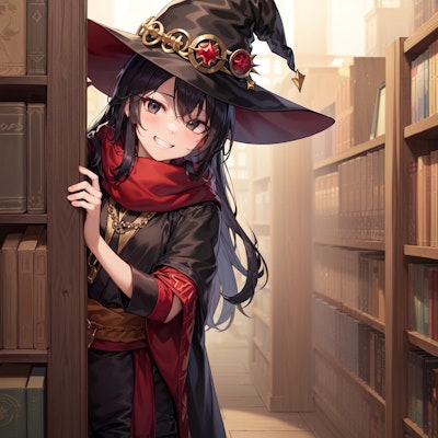 図書館で本棚から顔を覗かせる魔女