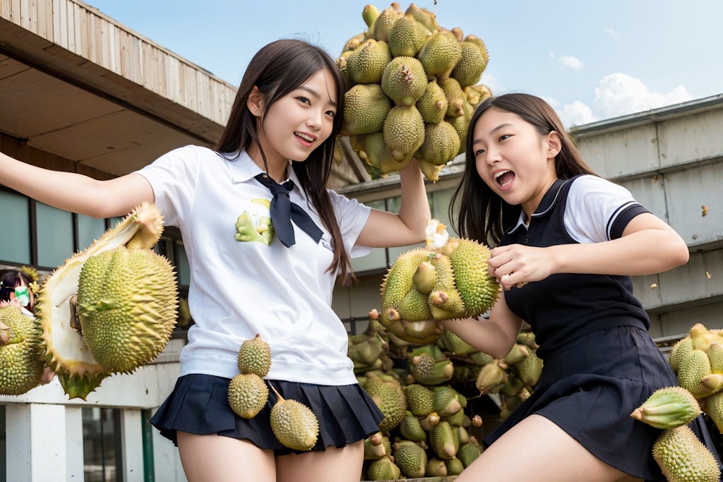 【謎画像】夜のうちにドリアンがたくさん積もったのでドリアン合戦に興じる女子高生