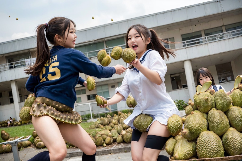 【謎画像】夜のうちにドリアンがたくさん積もったのでドリアン合戦に興じる女子高生