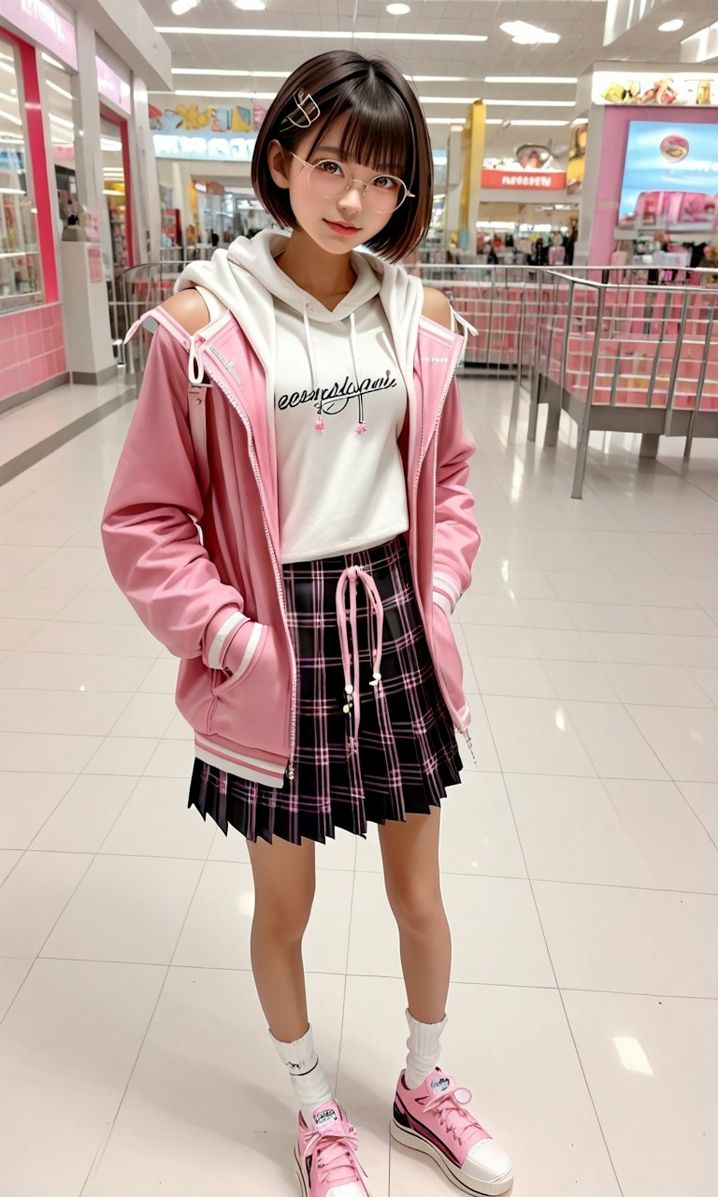 買い物中の丸メガネ少女