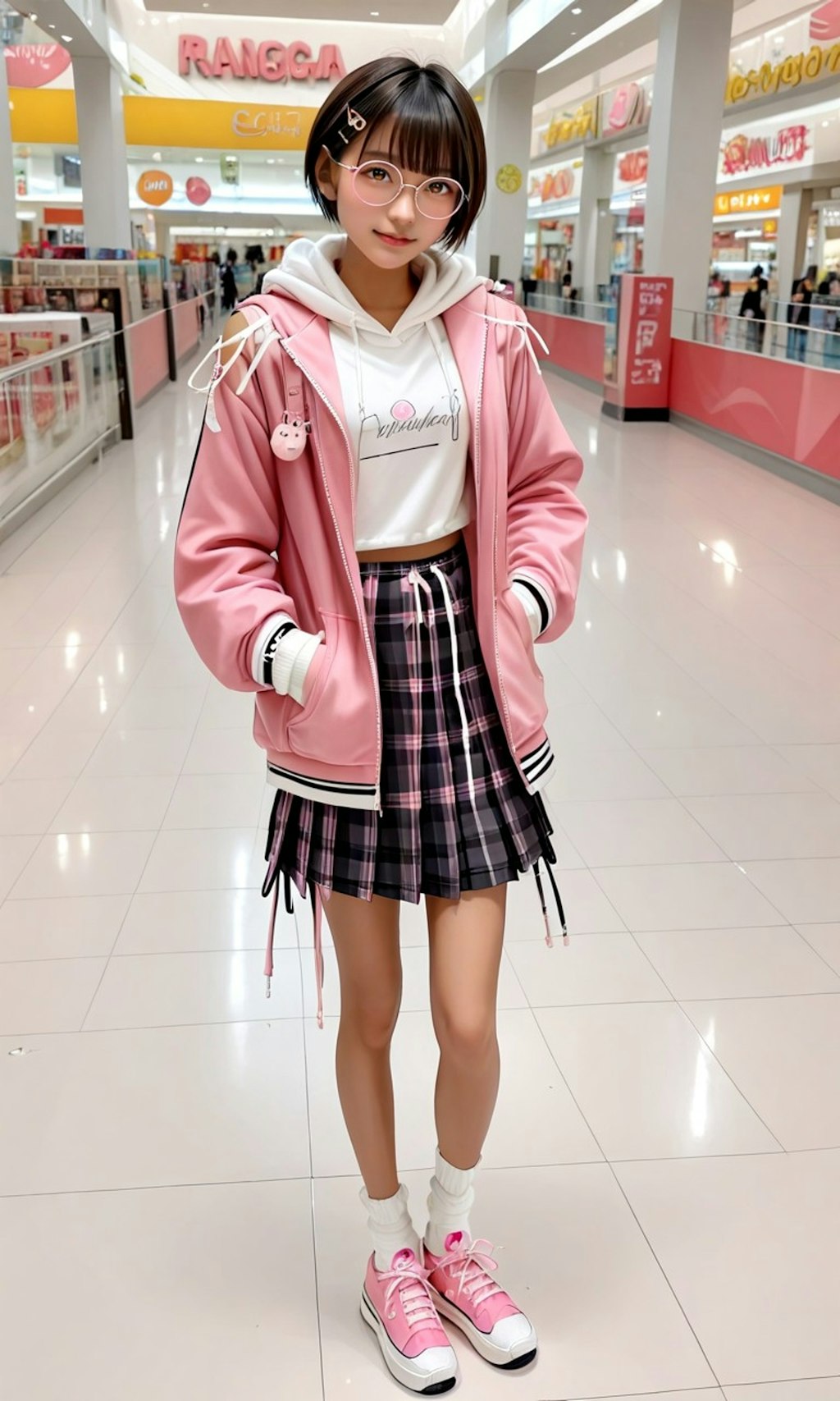 買い物中の丸メガネ少女