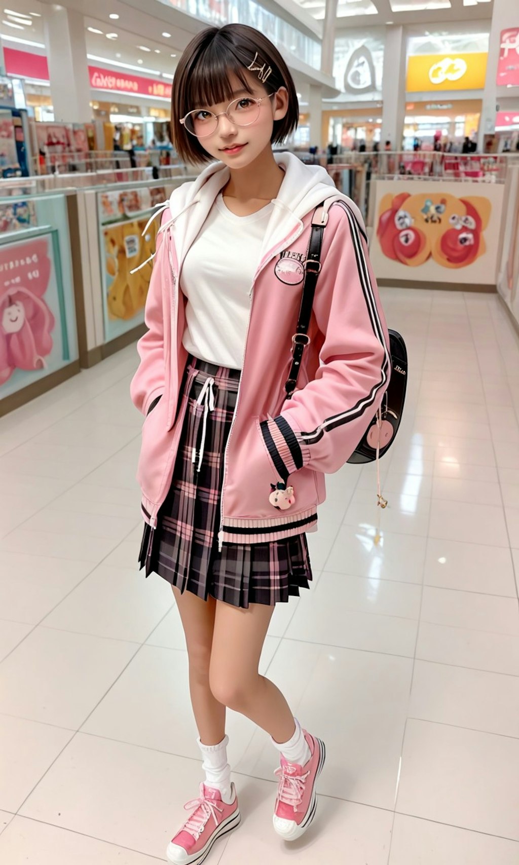 買い物中の丸メガネ少女